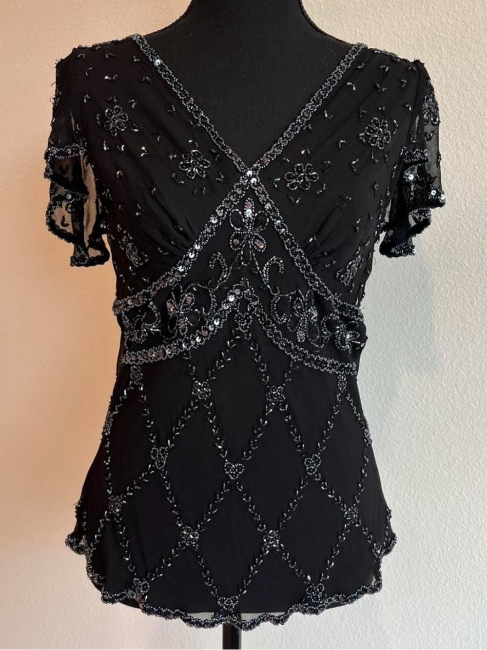 Black Beaded Silk Top with Rhinestone Detailing